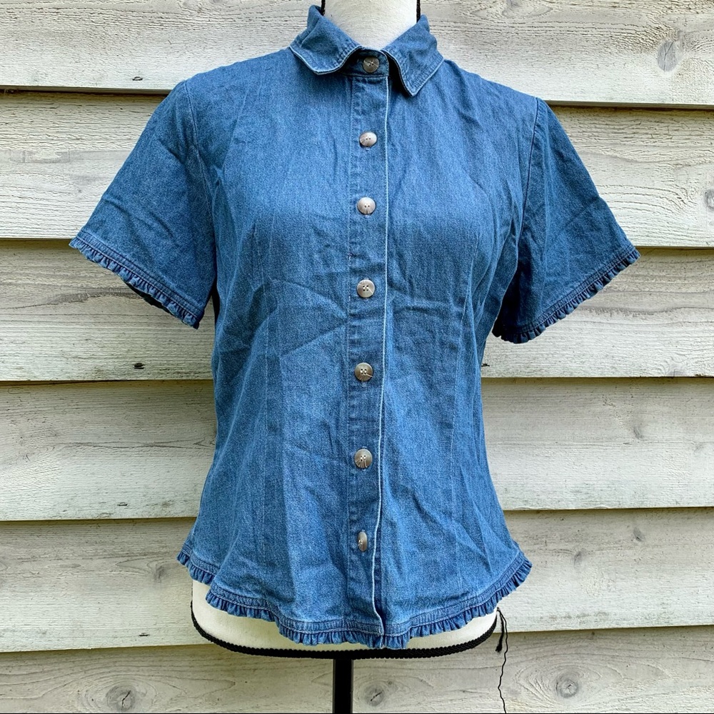 True Vintage 70s Blue Cotton Denim Ruffled Trim Button Down Short Sleeve Blouse